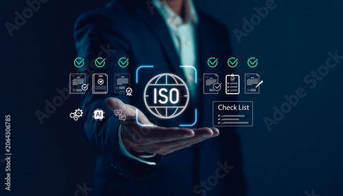 Business professional presenting ISO certification, compliance checklist and AI powered quality management system. Concept of audit, standardization, governance, risk control and process verification