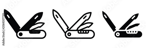 Multitool pocket knife icon set with three different styles for design and editorial use