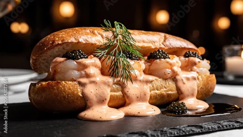 Gourmet lobster roll with dill and caviar at candlelit dinner
