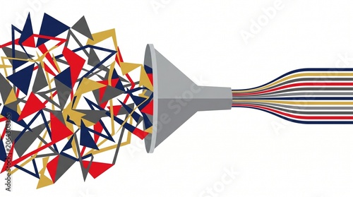 Minimalist flat vector illustration of chaotic triangles entering a funnel and emerging as organized straight lines, representing the concept of data processing and turning chaos into order