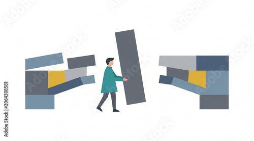 Minimalist flat vector illustration of a man placing a large block to bridge a gap between two structures, representing the concept of problem solving and finding the missing piece
