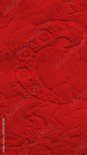 Red floral lace fabric texture, intricate embossed botanical embroidery pattern background