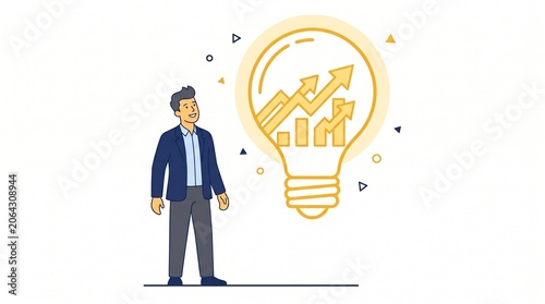 Minimalist flat vector illustration of a businessman looking at a glowing lightbulb with an upward growth chart inside, representing the concept of an innovative business idea and financial success