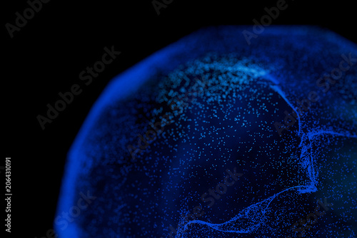 Abstract 3D rendering of a spherical cell or particle made from glowing blue digital dots and data filaments, isolated on a black background, representing science, technology, and information.