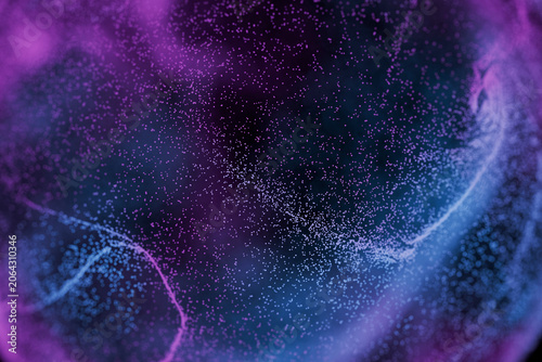 Abstract background of glowing purple and blue digital particles forming waves and clouds, ideal for high-tech concepts, artificial intelligence, big data, and futuristic designs.