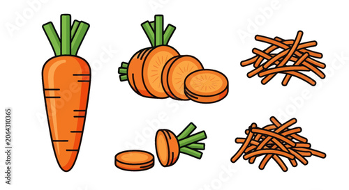 Photos Fresh orange carrot set with whole sliced and shredded pieces