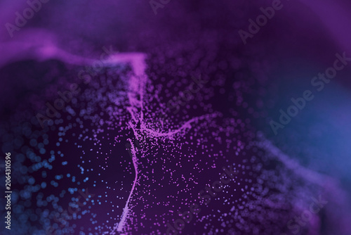Abstract 3D rendering of glowing purple and blue micro particles with shallow depth of field, creating a fluid wave texture perfect for technology, sci-fi, and big data visualization.