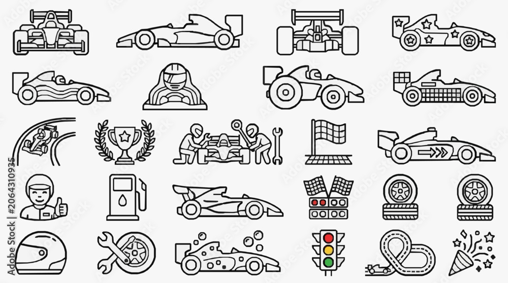 Naklejka premium Industrial Racing and Motorsport Equipment Icons Collection for Technical and Competitive Environments