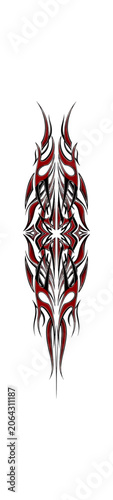 Abstract symmetrical design with red and white elements on black background