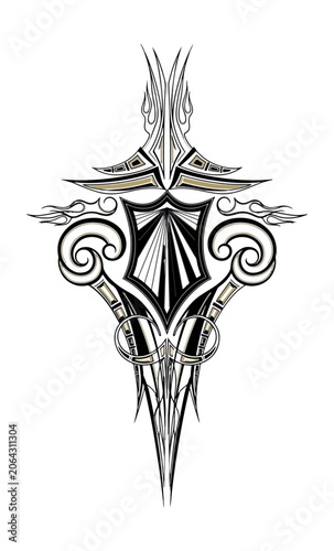 Decorative abstract symmetrical artwork in black white and gold colors