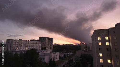 Thick Smoke From Fire In Kyiv City At Sunrise