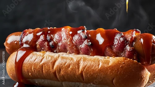Grilled sausage in bun with flowing ketchup drizzle