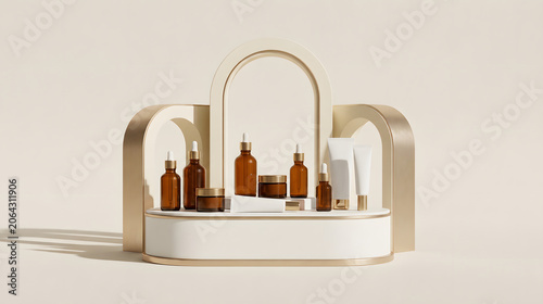 Minimal Arch Podium Display with Cosmetic Bottles
