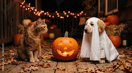 Halloween scarecrow with pumpkins and candles in autumn forest