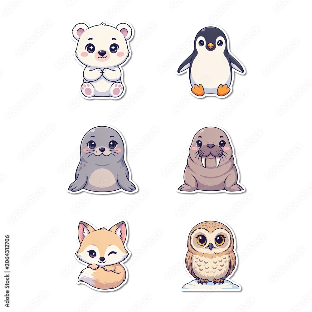 Fototapeta premium Cute Arctic Animal Sticker Collection with Polar Bear Penguin Seal Walrus Fox and Owl Kawaii Cartoon Characters 