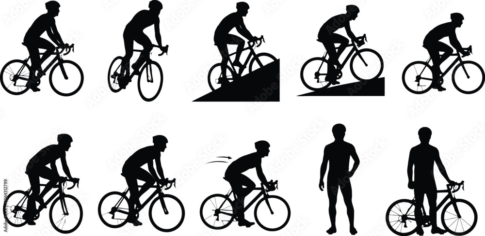 Naklejka premium Cyclist performing bike jumping and standing poses Vector