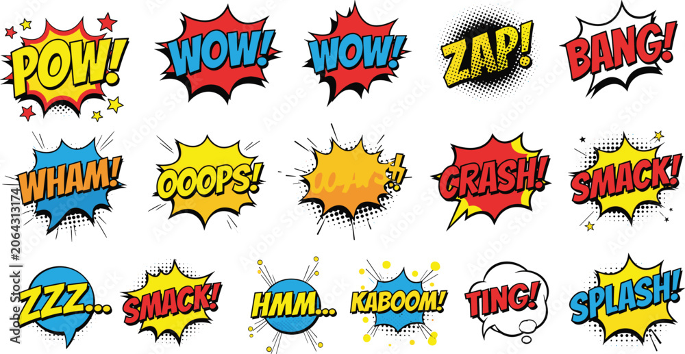 Εκτύπωση καμβά Comic speech bubble sound effects set, pop art explosion shapes, retro comic boo
