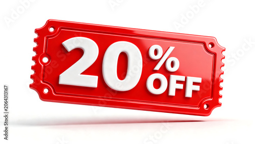 Red 20 percent off discount coupon isolated on white background for shopping