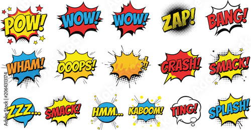 Foto Comic speech bubble sound effects set, pop art explosion shapes, retro comic boo