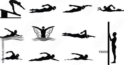 Illustration of butterfly stroke swimming steps and freestyle finish Vector