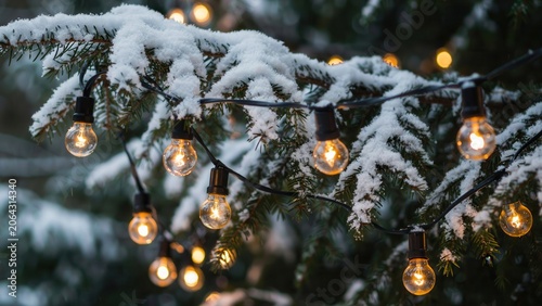 Christmas string lights glowing on a snow-covered pine tree branch in winter
