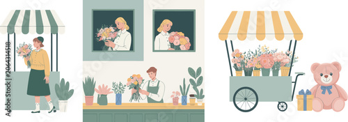 Bild auf Leinwand Flower shop and plant market scenes with florists and bouquets, colorful vector