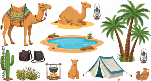 Quadro su tela Desert Camping and Oasis Vector Element Set with Camels, Palm Trees, Tent, Campf