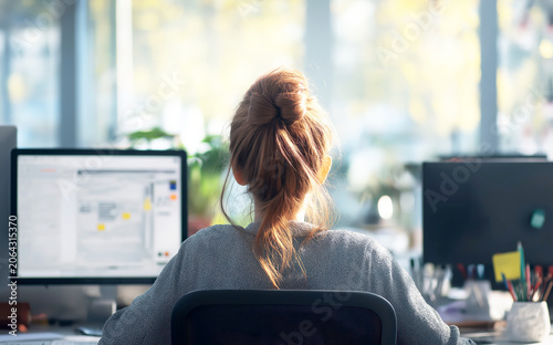 Busy Office Worker Seen from Behind at Computer Desk
