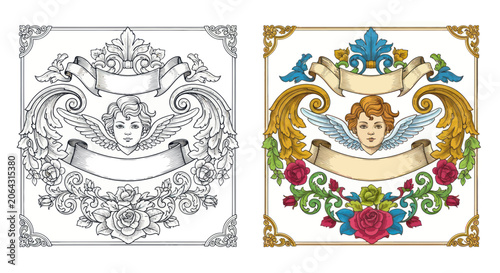 Εκτύπωση καμβά Ornate baroque cherub head with blank banners and roses