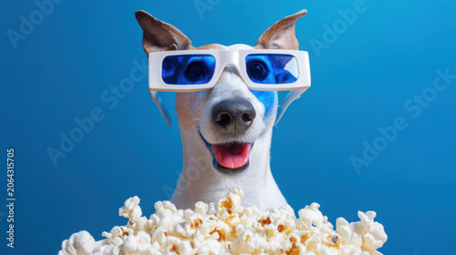 Dog wearing 3D glasses eating popcorn enjoying cinema