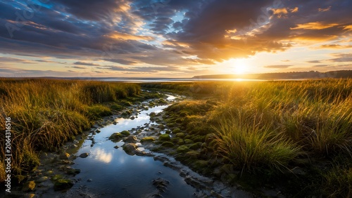 Stunning wide angle photo of a winding creek in a grassy marshland under a vibrant sunset sky. Great for nature blogs environmental advertisements and desktop wallpaper backgrounds.