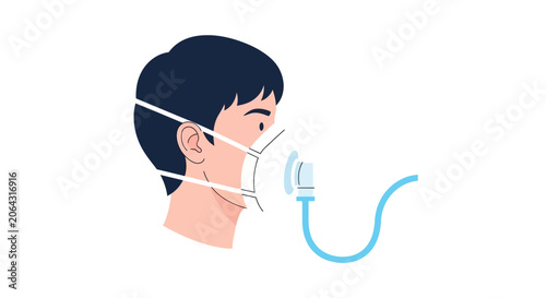 Person wearing protective mask with oxygen tube, illustration, white background