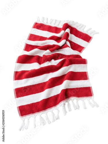 A vibrant red and white striped beach towel with tassels on a clean white background