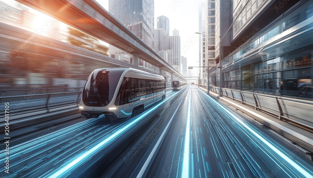 Fototapeta premium Autonomous Public Transit Network Visualized with Predictive Pathways, AI Machine Learning and Urban Mobility Innovation