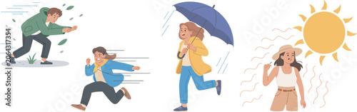 Fotografie People struggling with strong wind and extreme heat illustration, vector scene d
