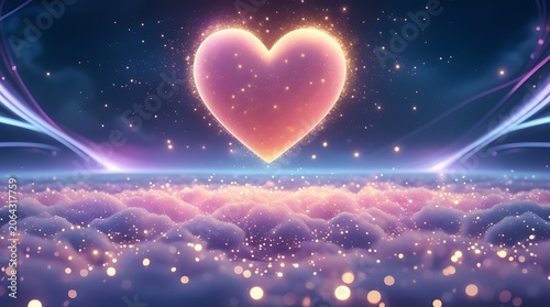 Glowing heart shape floating above fluffy pink clouds in starry night sky dreamy fantasy.