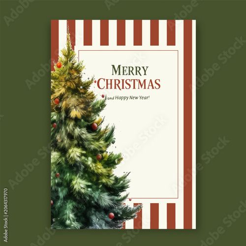 Retro vintage Christmas greeting card watercolor illustration with striped background tree