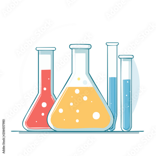 Laboratory glassware with colorful liquids and bubbles