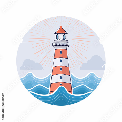 Lighthouse in the sea with waves and clouds