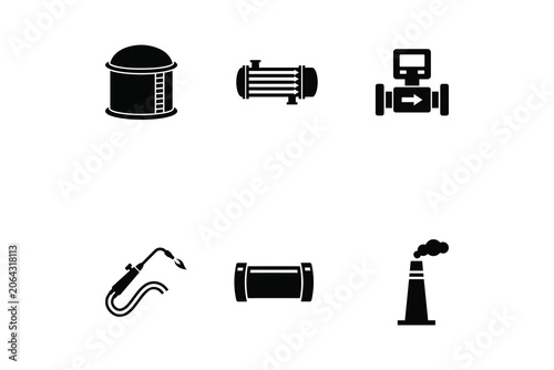 Bold Black Industrial Equipment Silhouette Icon Set On White Background - Set Of Six Industrial Utility Icons For Engineering And Web Design