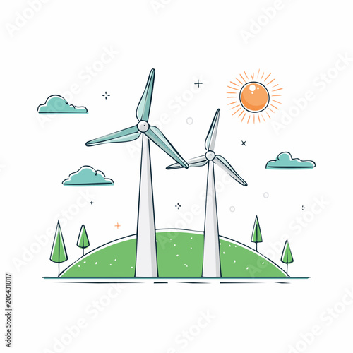 Wind Turbines on Green Hill with Sun and Clouds