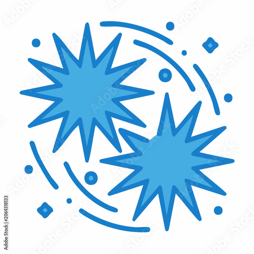 Two Blue Starbursts with Swirls and Dots