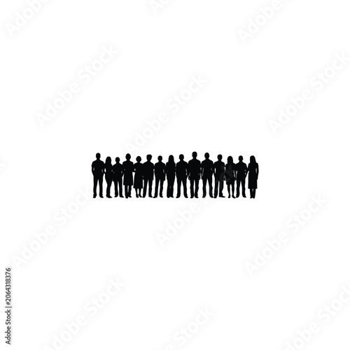 Silhouette of a large group of people standing in a line. Diverse crowd of men and women. Concept of community, teamwork, social gathering, and population. Isolated on white background.