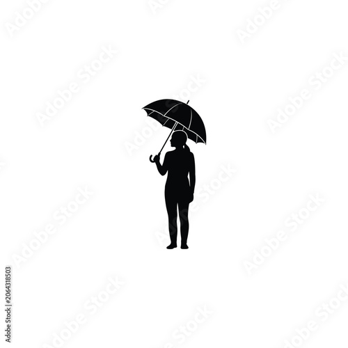 Silhouette of a woman standing and holding an open umbrella for protection. Concept of weather, rainy day, autumn, and summer sun protection. Isolated vector icon on white background.