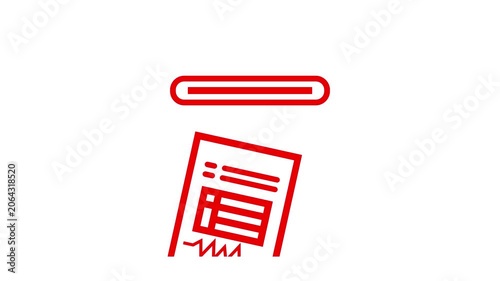 Minimalist white line art icon of a paper receipt or invoice printing out of a slot on black background. Financial transaction, billing, corporate statement, accounting loop