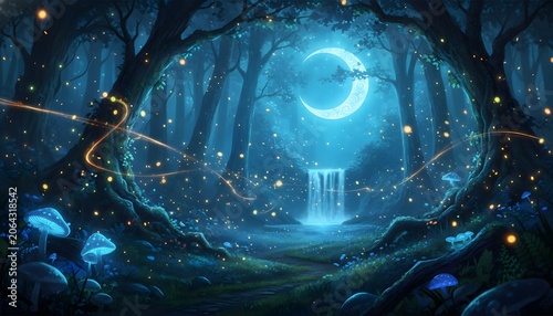 An enchanted moonlit forest scene with a waterfall glowing mushrooms and magical fairy lights creating an ethereal atmosphere