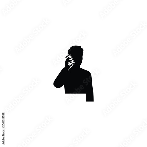 Silhouette of a man talking on a smartphone, making a phone call, and communicating. Representative of business, technology, and mobile connection. Isolated on white background icon.
