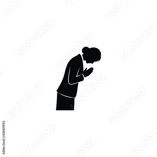 Silhouette of a professional woman bowing with hands pressed together in a prayer position, sign of respect, gratitude, hospitality, and cultural greeting. Zen, mindfulness, and yoga concept.