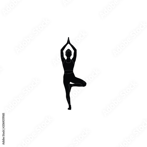 Black silhouette of a female performing the yoga tree pose vrikshasana. Symbolic of balance, zen, health, and spiritual wellness. Isolated vector illustration on a clean white background.