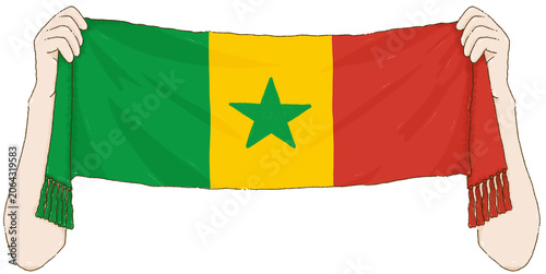 Hands holding a Senegal Sports scarf for fan support on Transparent Background.